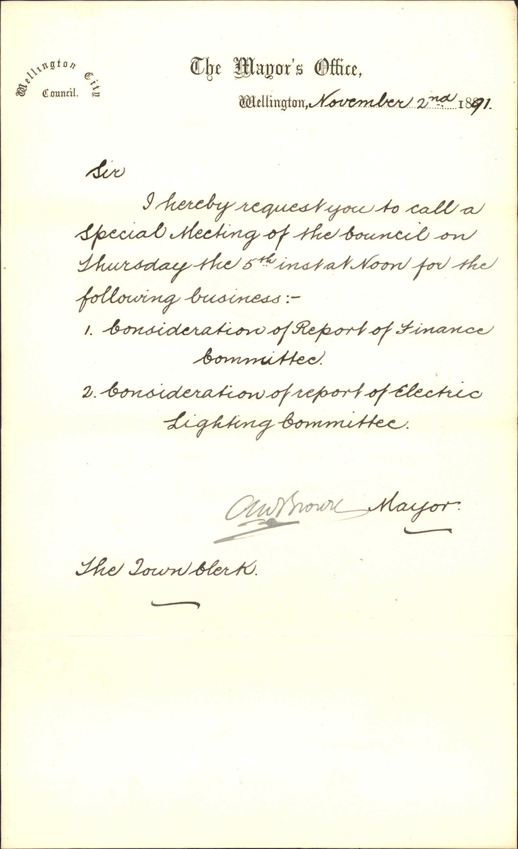 Requisition for special meeting on the 5th instant - The Mayor