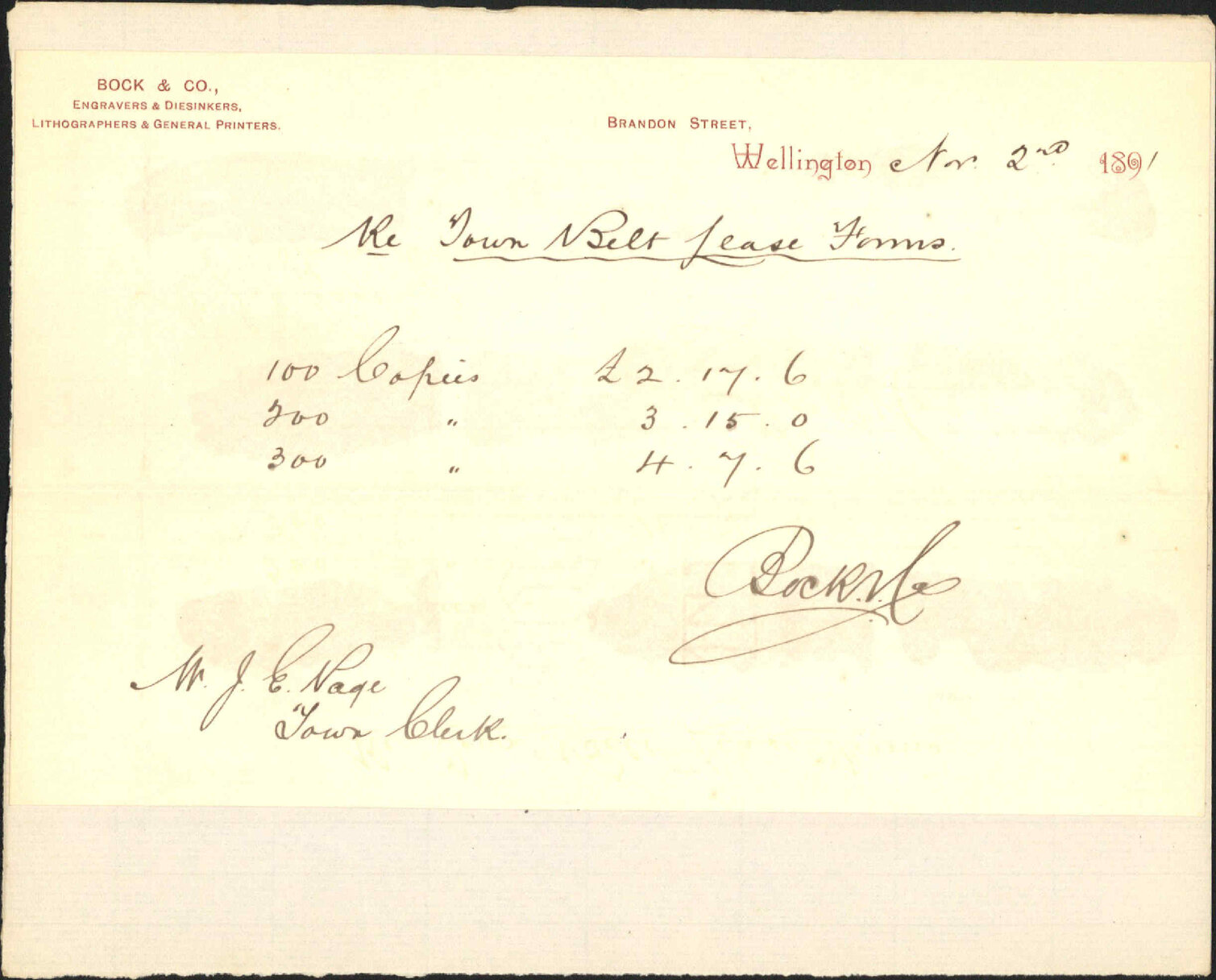Price for printing Town Belt lease forms - Bcok and Company