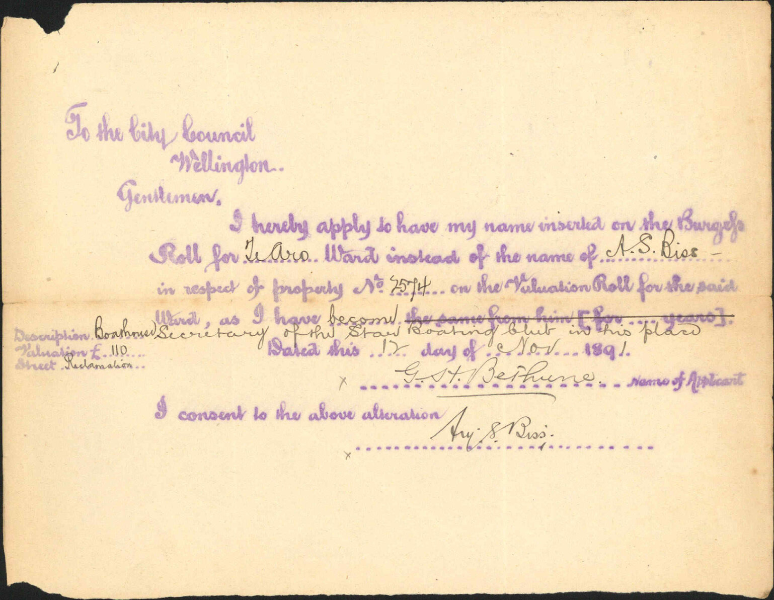 Asking to be placed on Burgess Roll - G H Bethune
