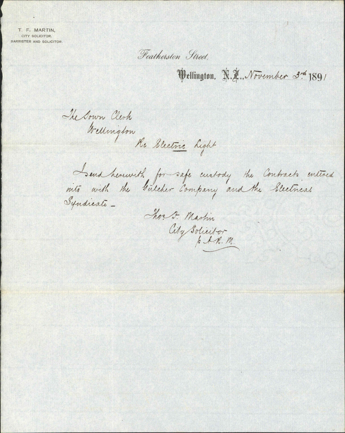 Forwarding electric light contract - City Solicitor
