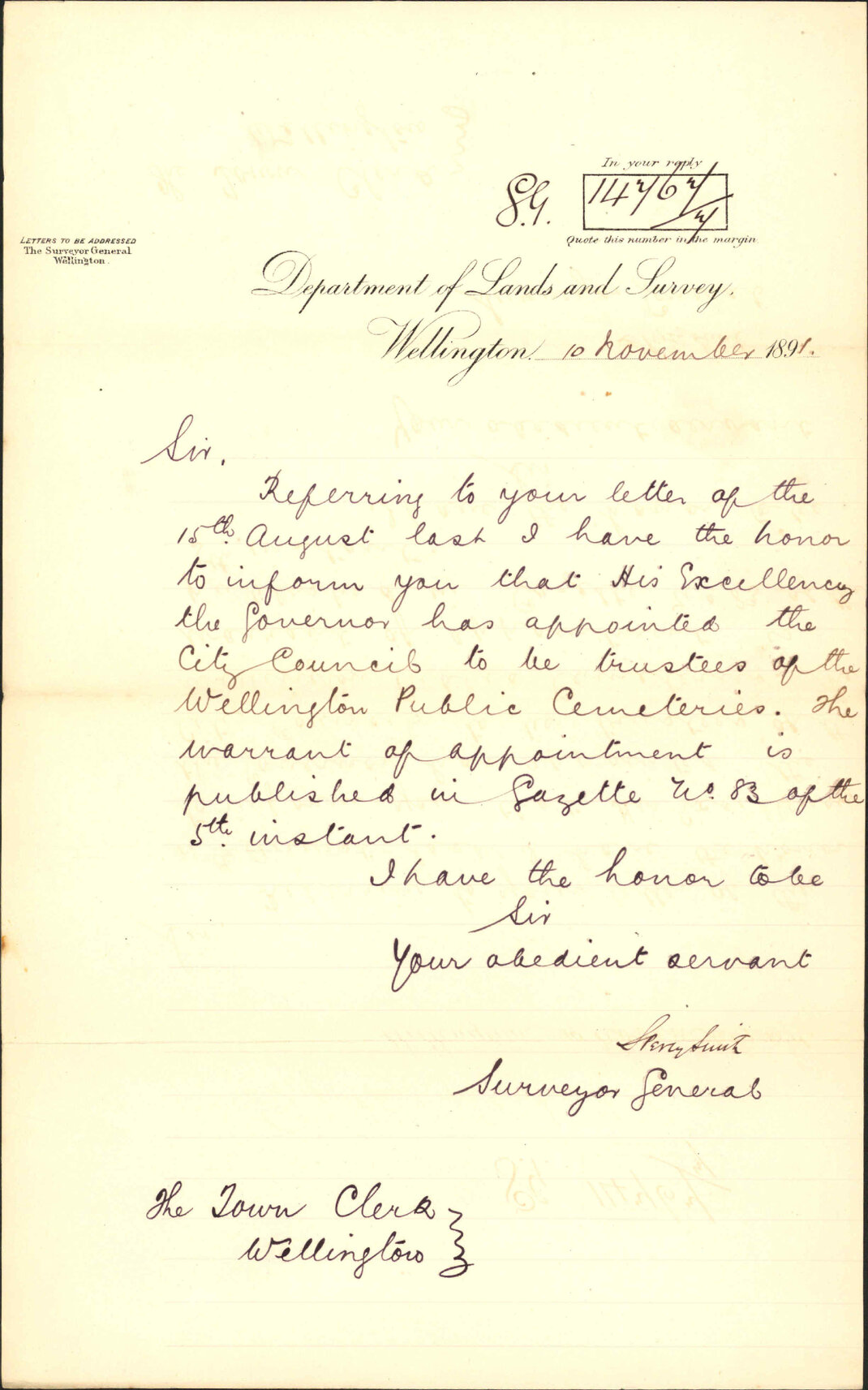 Appointment of Council as cemetery trustee - Surveyor General