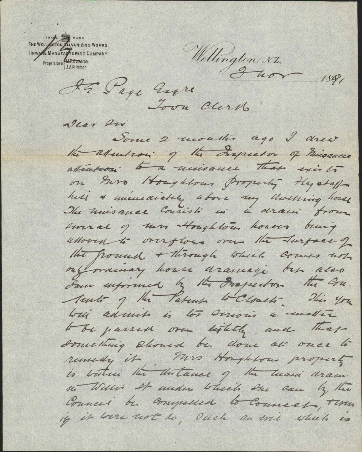 Nuisances at Mr Houghton's property - J A Plimmer