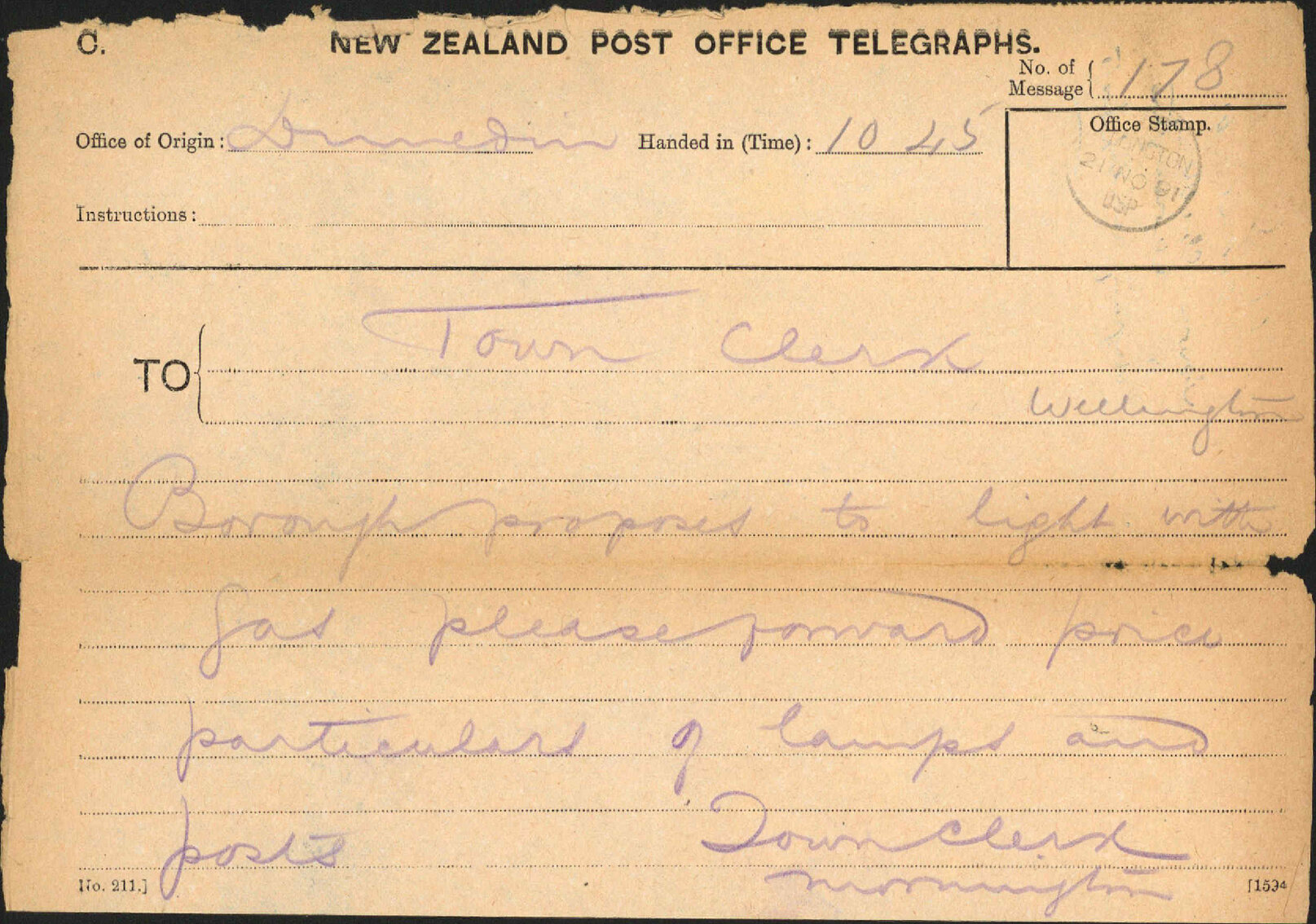 Enquiry regarding lamp posts - Town Clerk, Mornington
