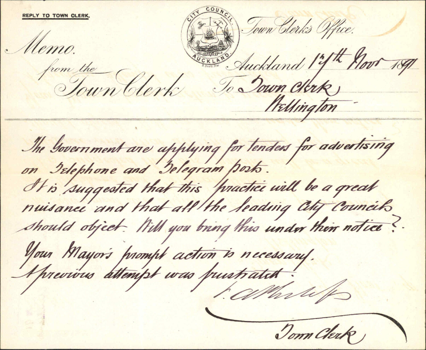 Advertising on telegraph posts - Town Clerk, Auckland