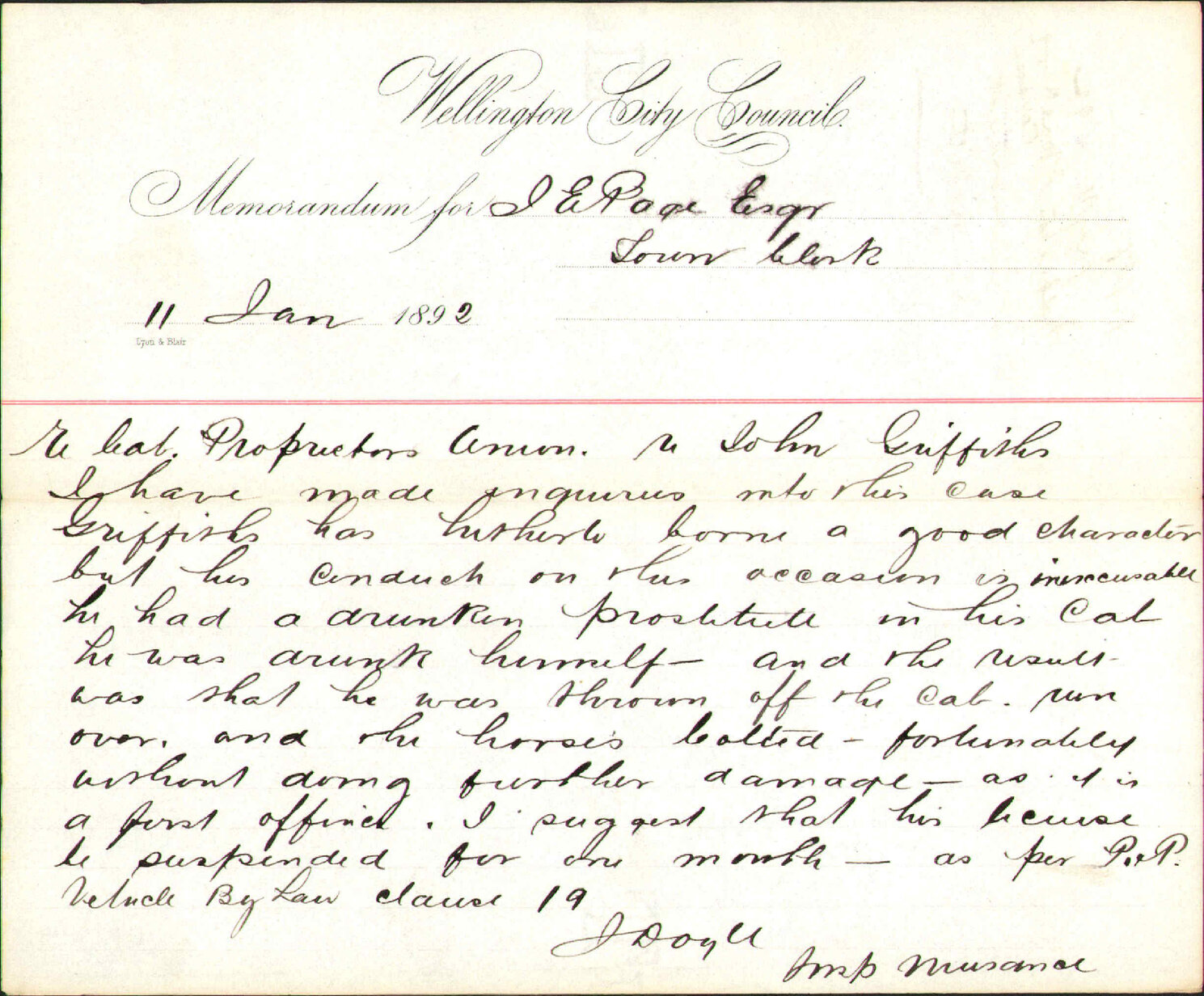 Complaint against John Griffith - Inspector of Hackney Carriages