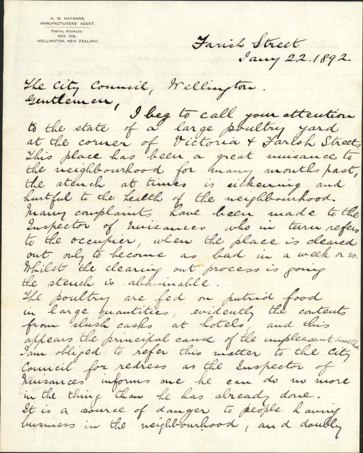 Complaint regarding poultry yard at Farish Street - H M Hayward