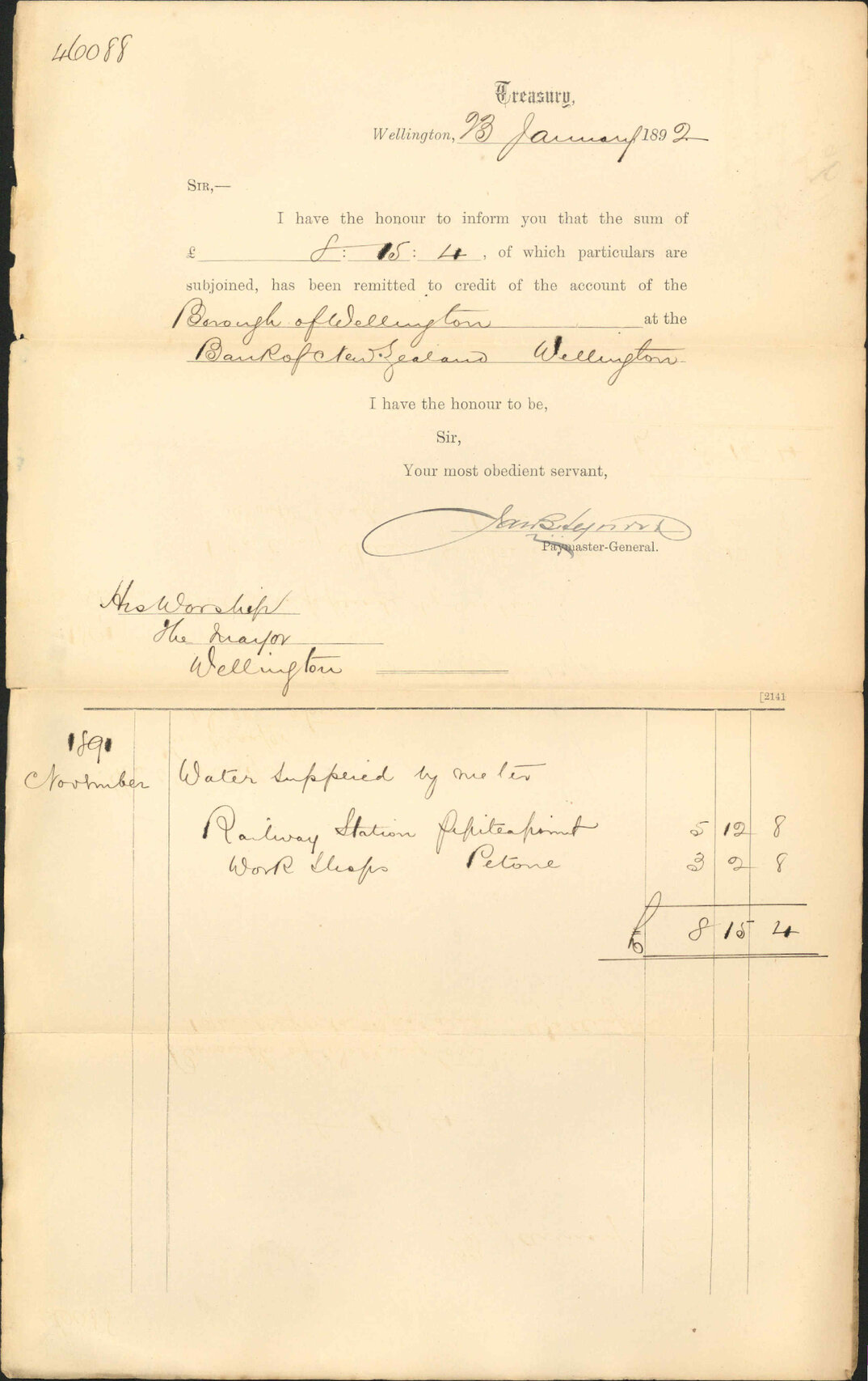 Advising payment of water account - Treasury