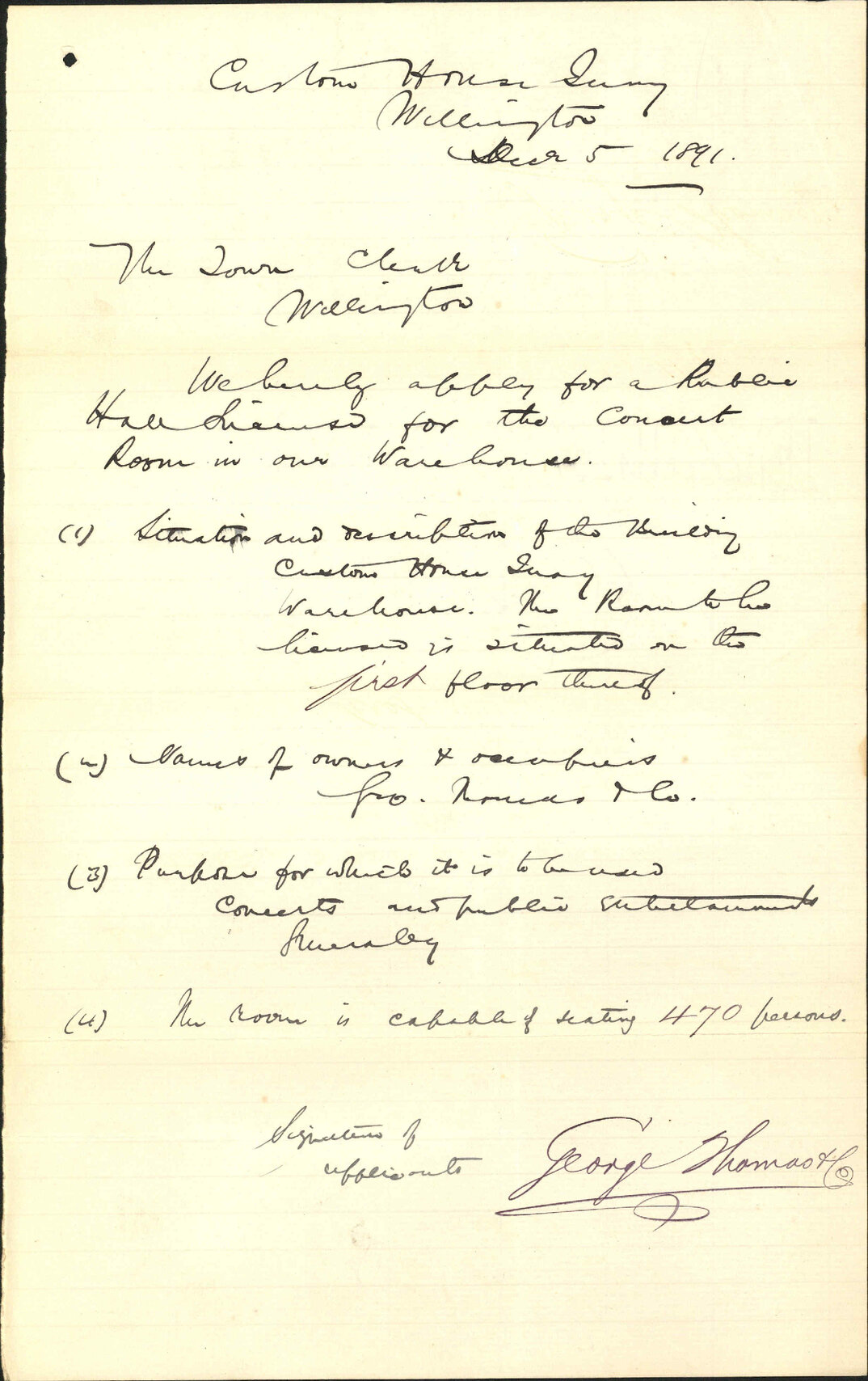 Application for public hall license - George Thomas &amp; Co