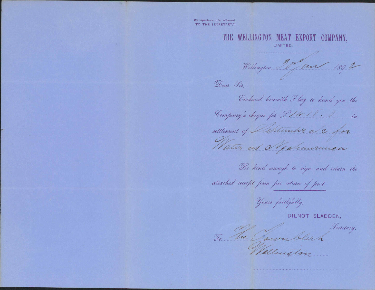 With cheque for water account - Wellington Meat Export Company
