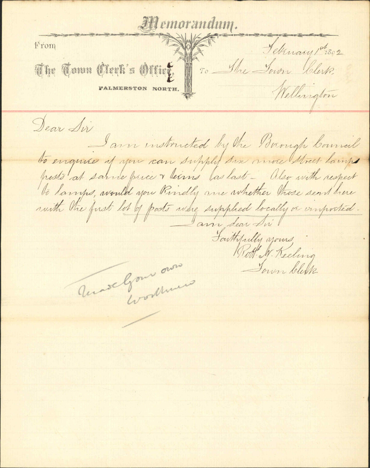 Enquiry regarding lamp posts - Town Clerk, Palmerston