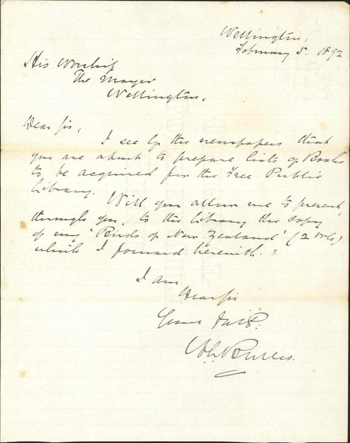 Present of books for the Library - Sir Walter Buller