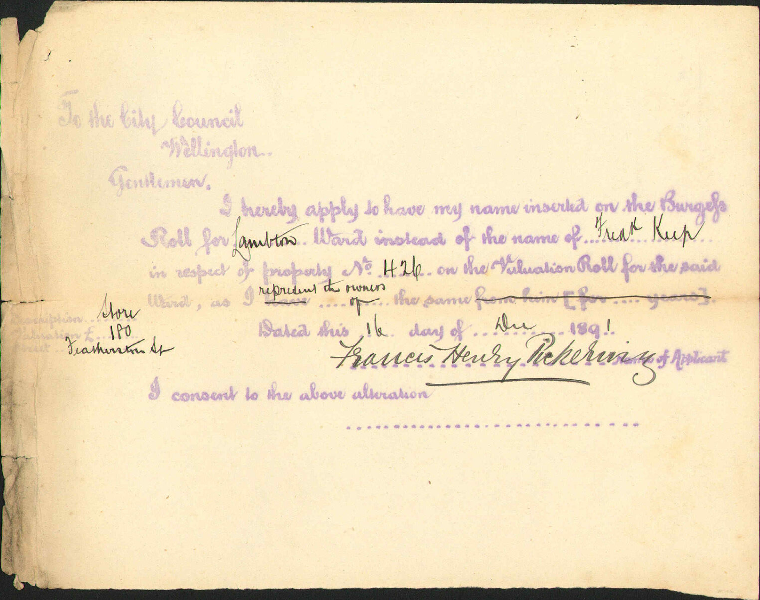 Asking to be placed on Burgess Roll - F H Pickering