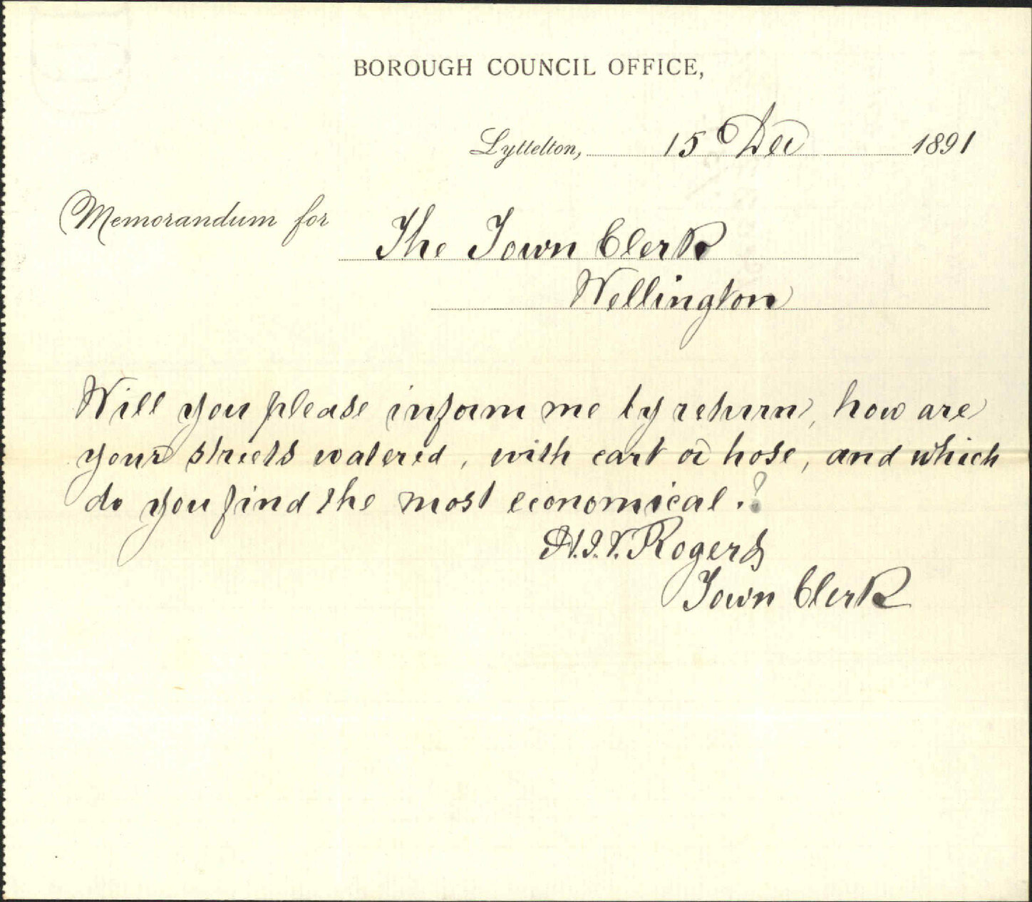 Enquiry regarding street watering - Town Clerk, Lyttelton