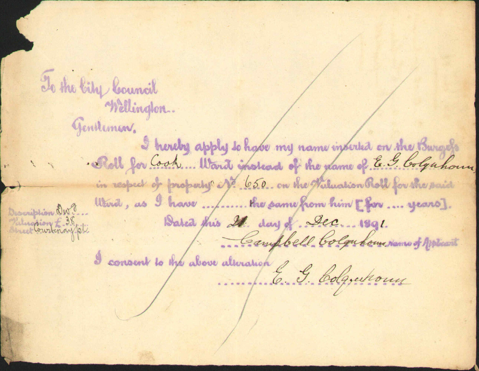 Asking to be placed on the Burgess Roll - C Colquhoun
