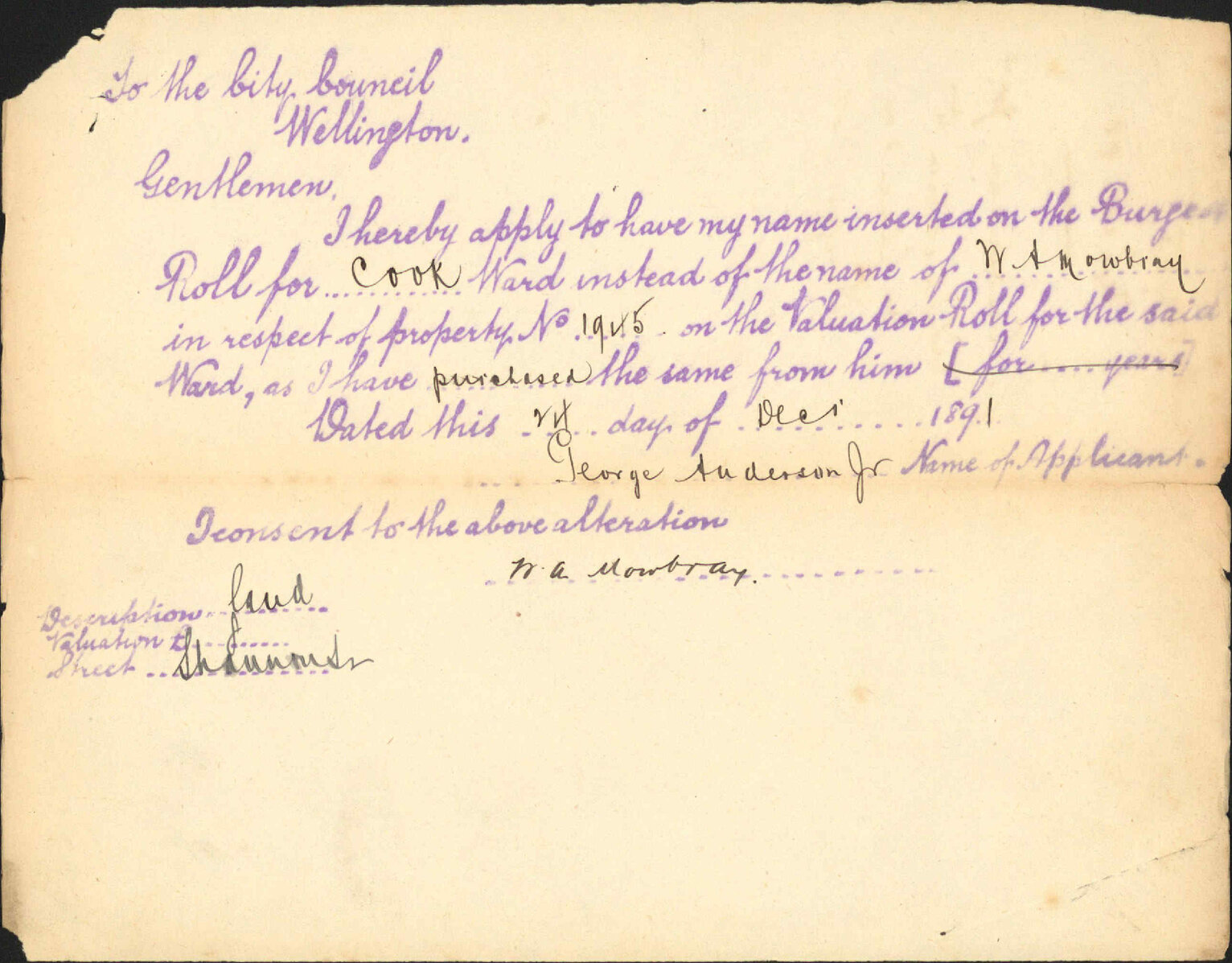 Application to be placed on the Burgess Roll - G Anderson Junior