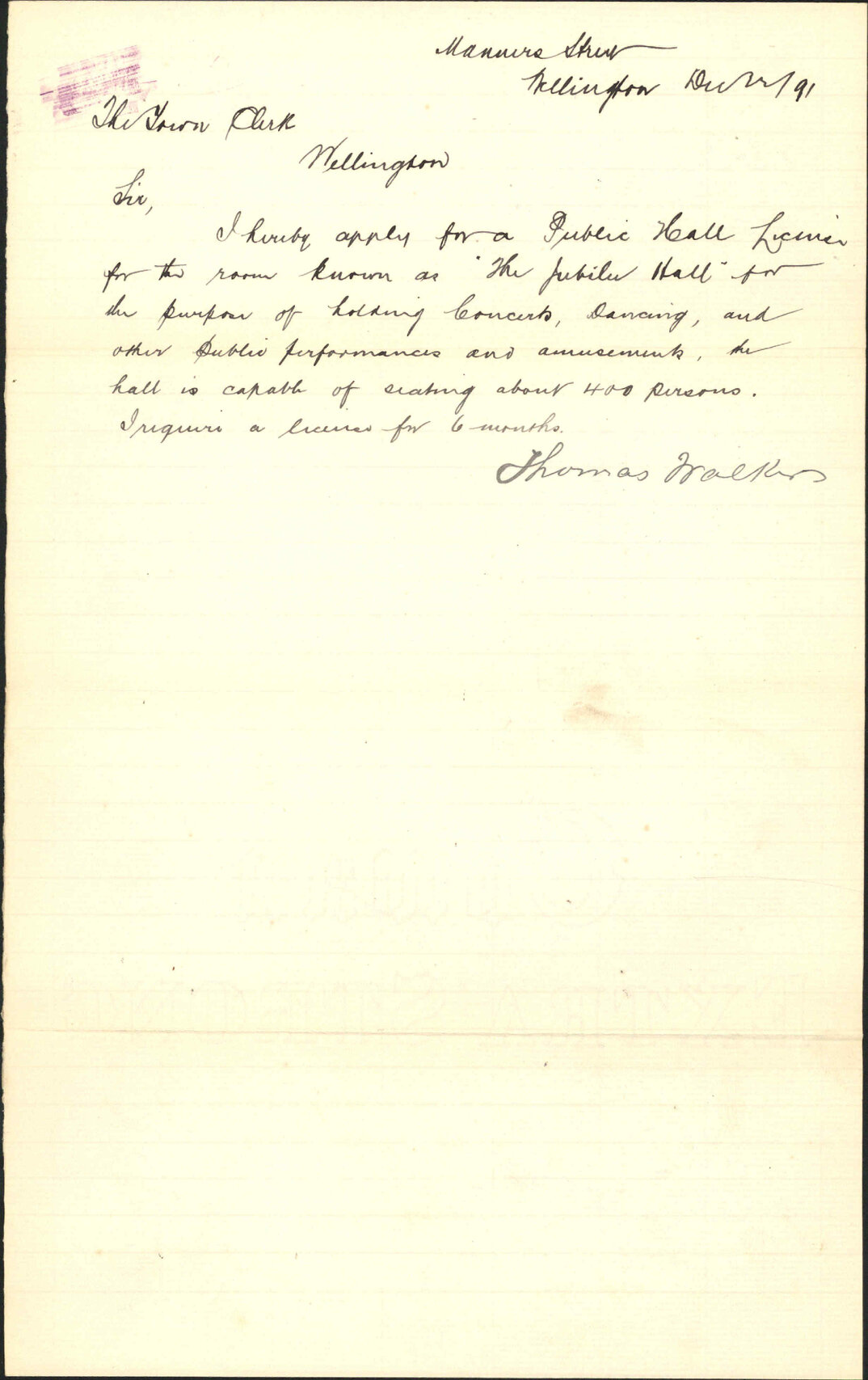 Application for Public Hall License - Thomas Walker