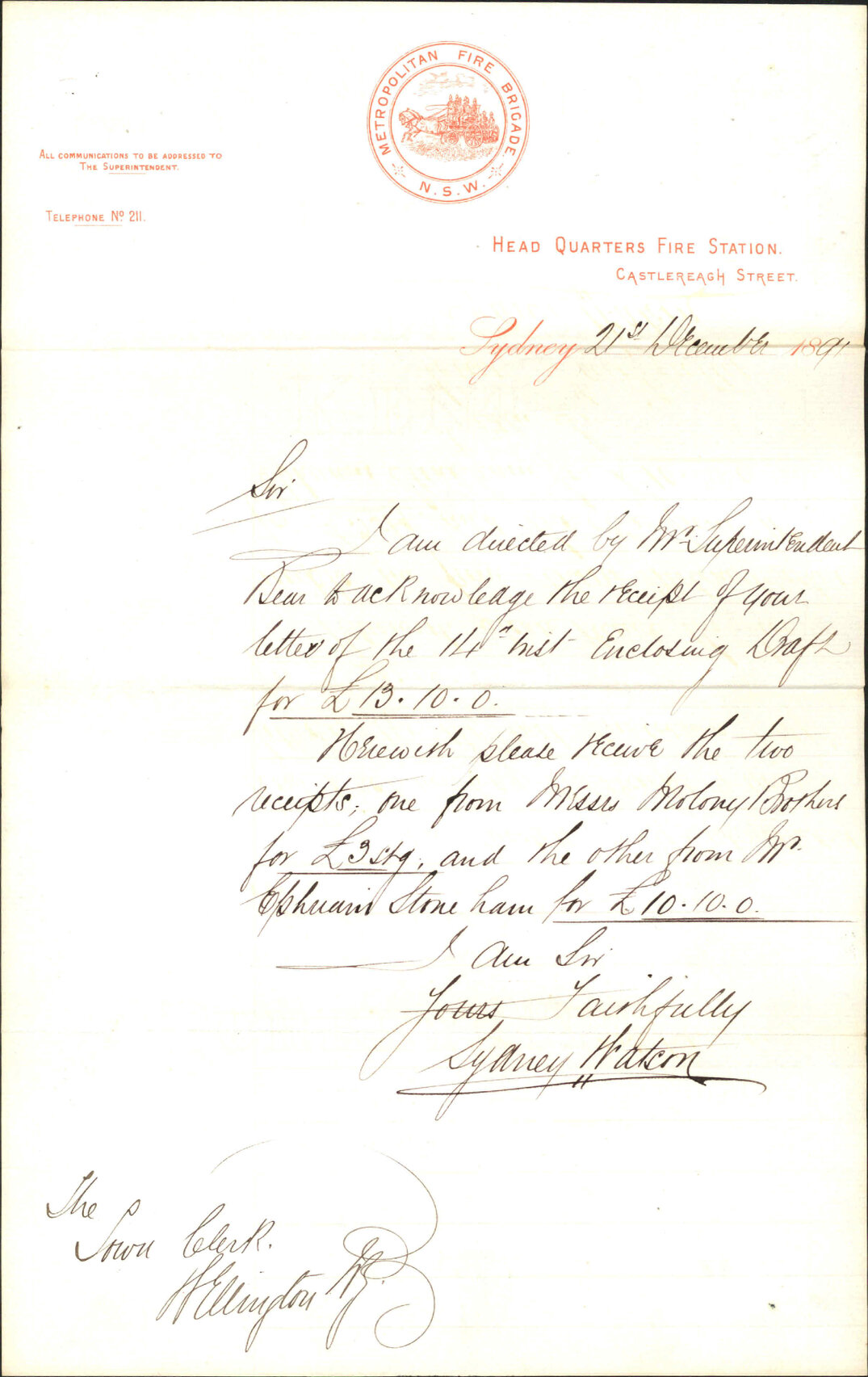 Forwarding receipt of cheque - Fire Brigade, Sydney