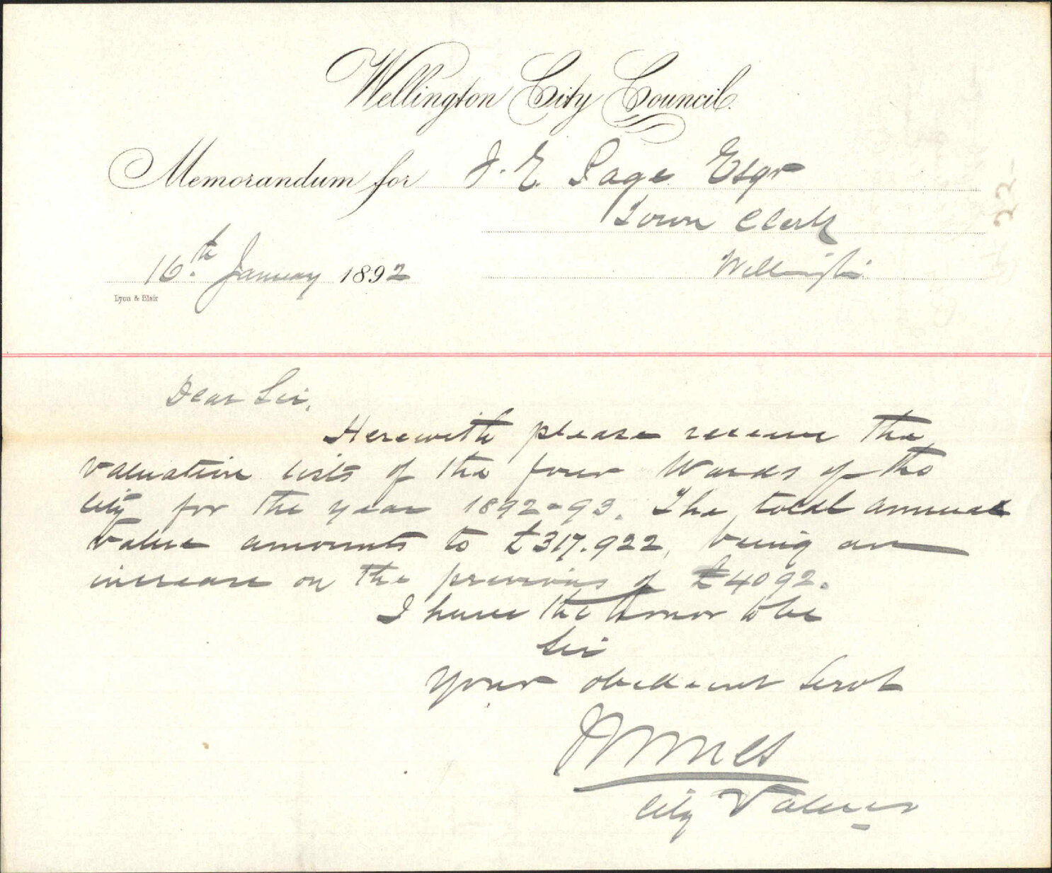 Forwarding valuation rolls for 1892 - City Valuer