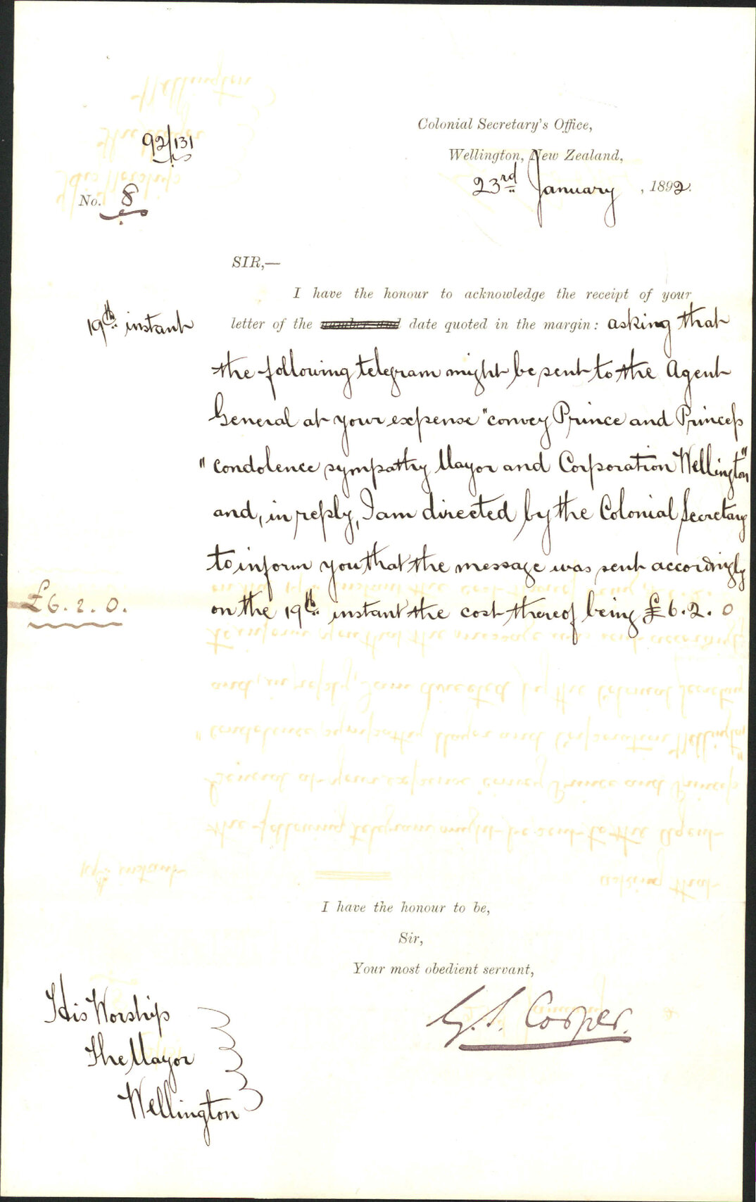 Telegram to late Duke of Clarence - Colonial Secretary
