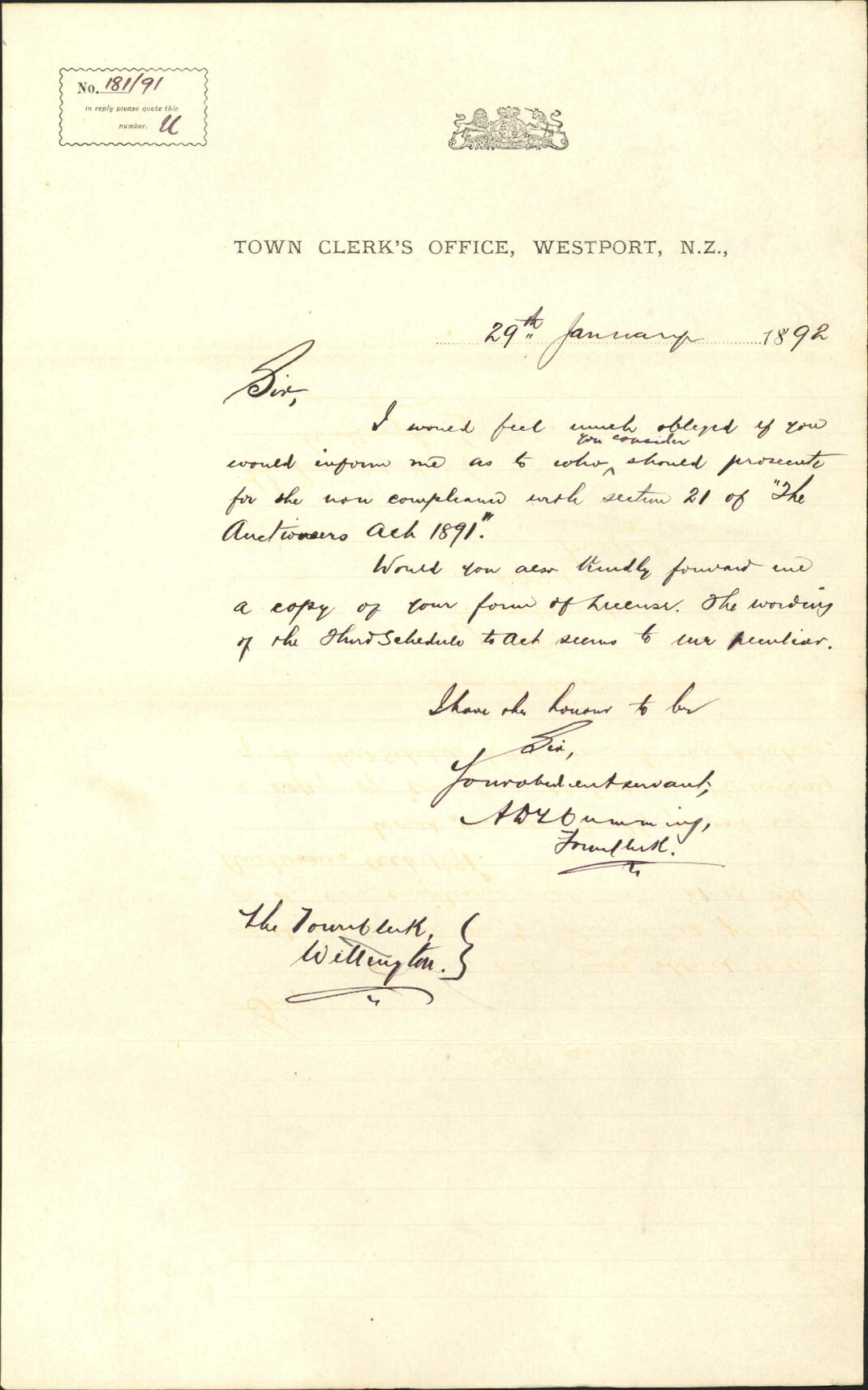 Enquiry regarding Auctioneers' Act - Town Clerk, Westport