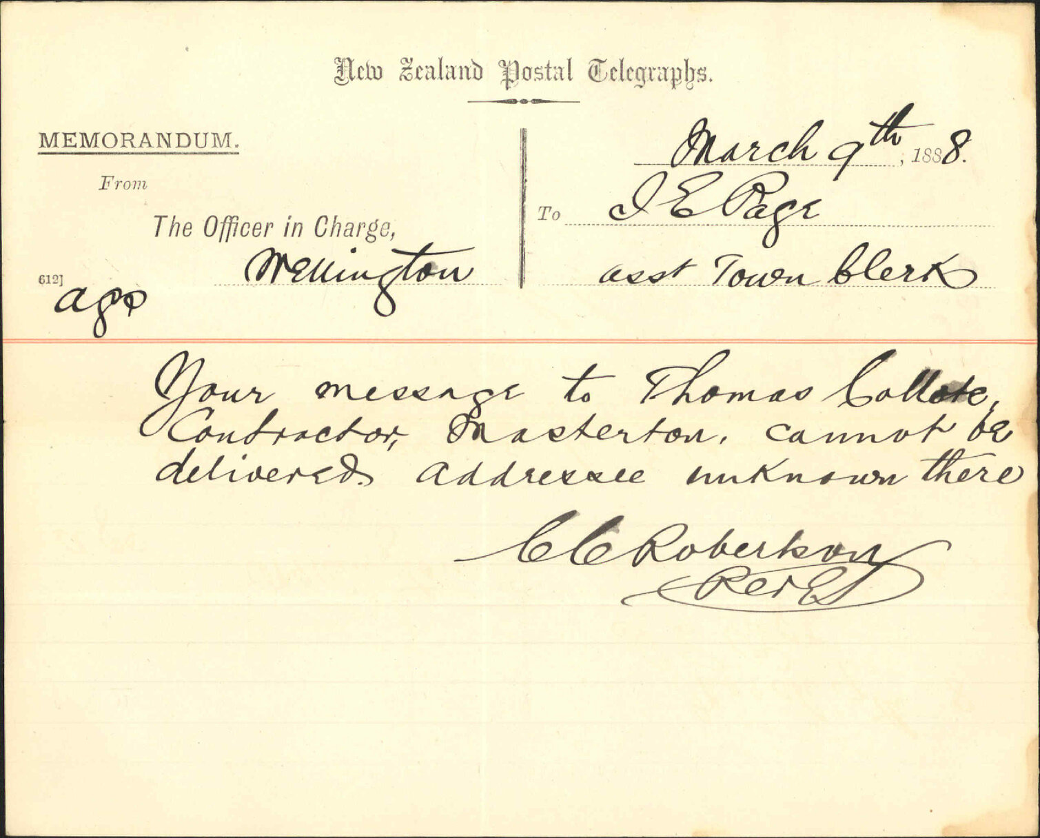 Collote's message not delivered - Telegraph Department
