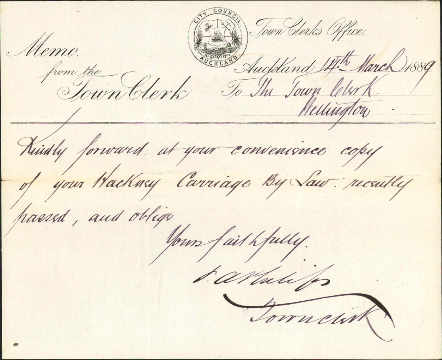 Asking for copy of Hackney Carriage Bylaw - Town Clerk, Auckland