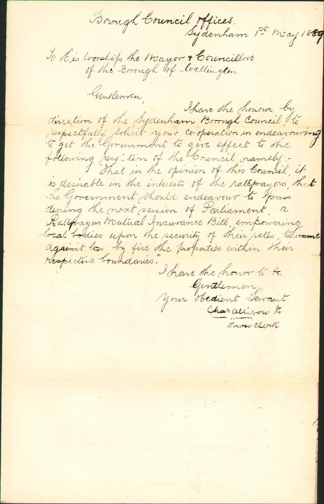 Proposed borough insurance find - Town Clerk Sydenham