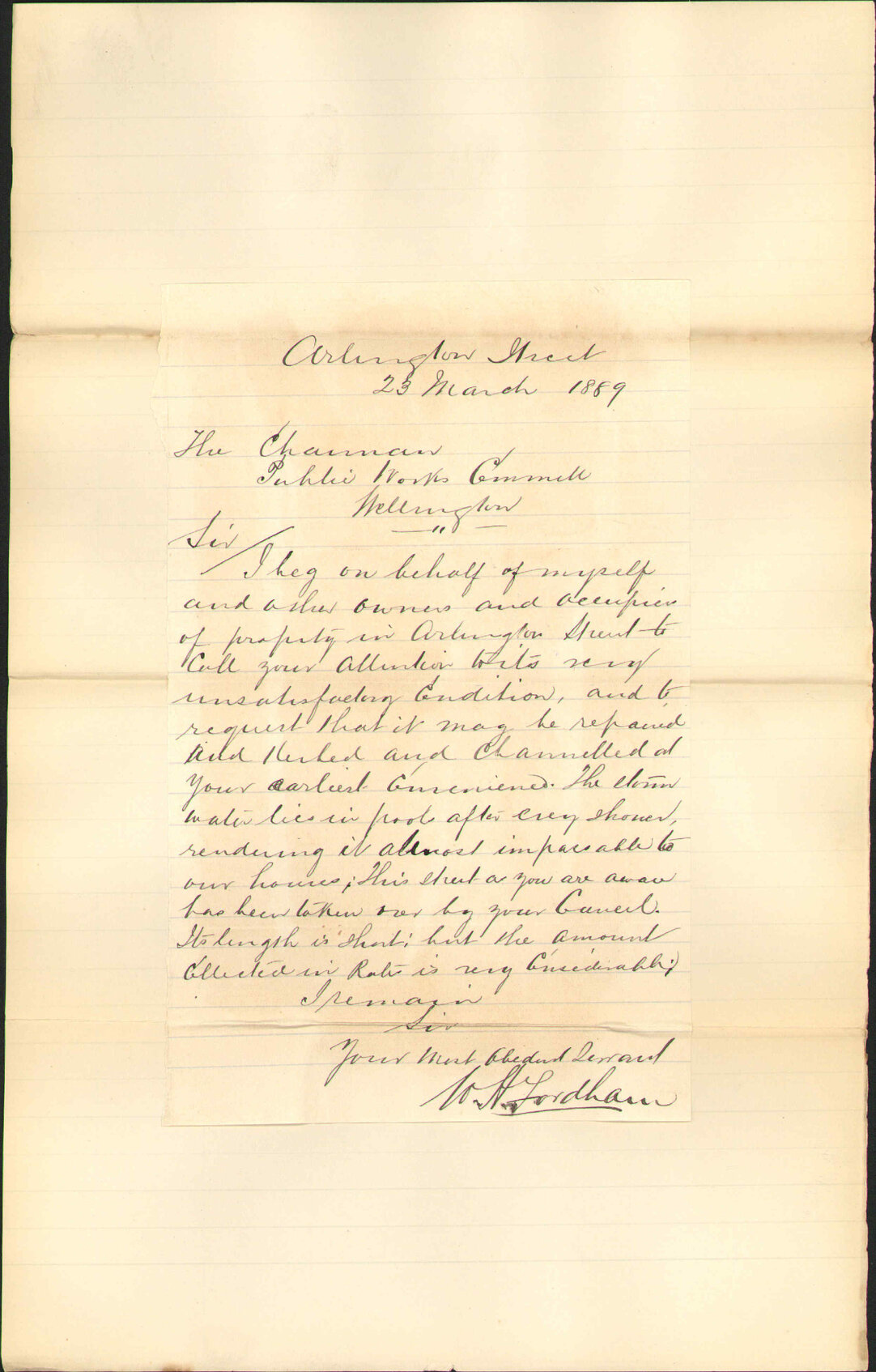 Renewal of request for repairs to Arlington Street - W H Fordham
