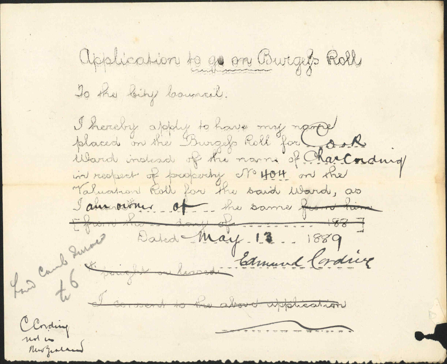 Asking to be placed on burgess roll - Edmund Cording