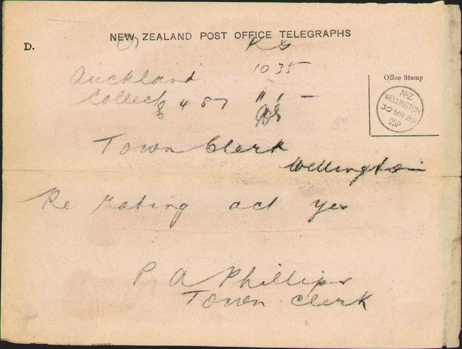 Reply regarding rating act - Town Clerk Auckland