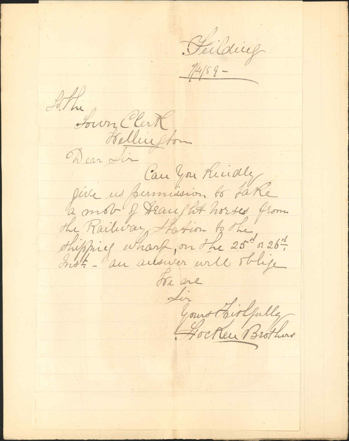 Asking permission to drive a mob of horses to wharf - Hocken Brothers, Feilding