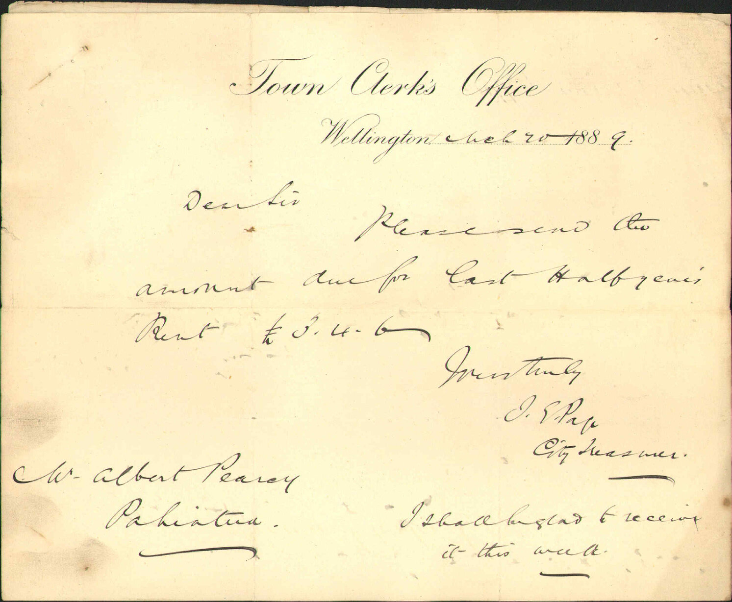 Forwarding post office order for rent - Albert Peary, Pahiatua