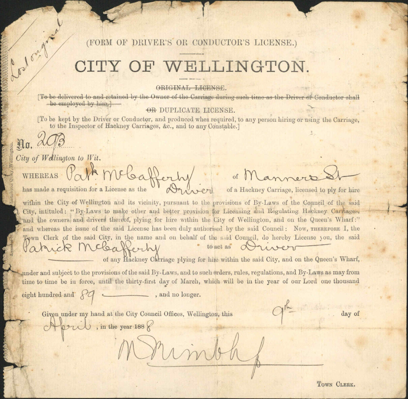 Application for a drivers license - P McCafferty