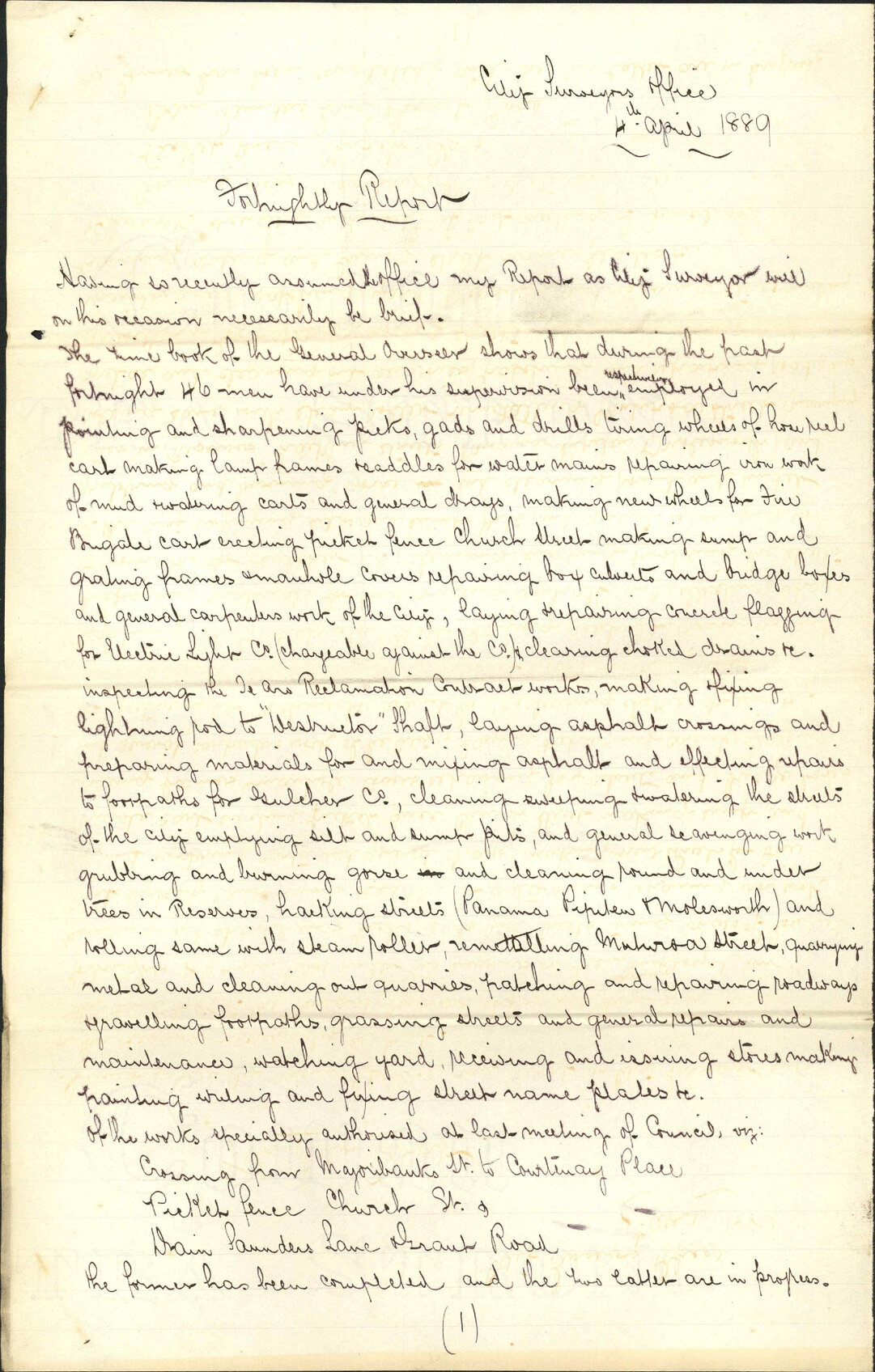 Report for fortnight - City Surveyor