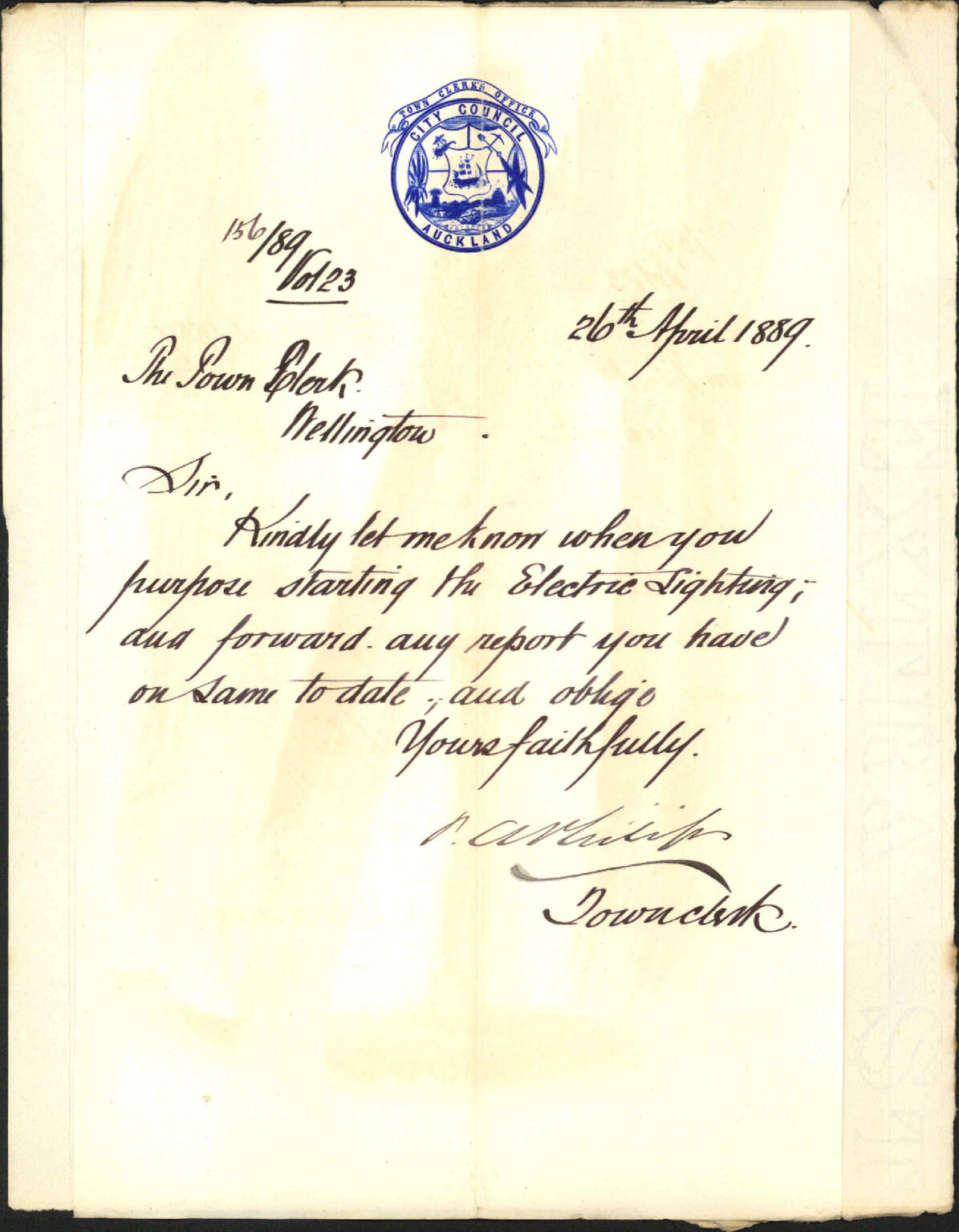 Enquiry regarding electric lighting - Town Clerk Auckland