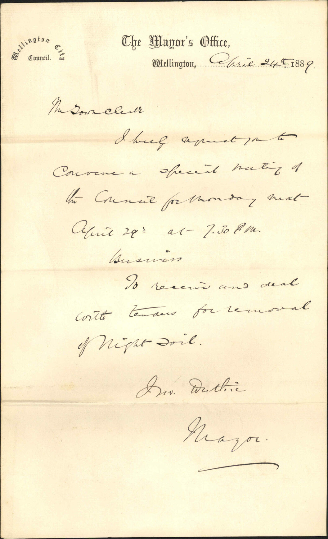 Requisition for Special Meeting on the 29th - The Mayor