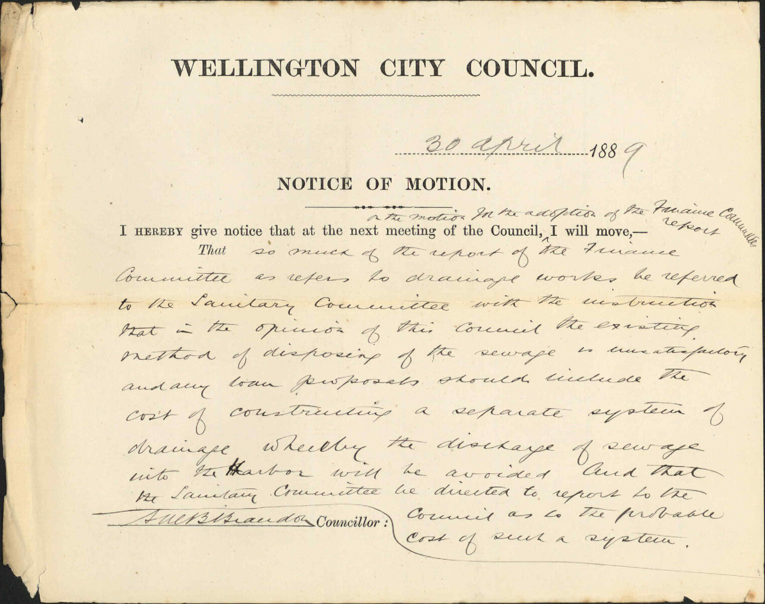 Notice to move amendment to finance committees report - Councillor Brandon