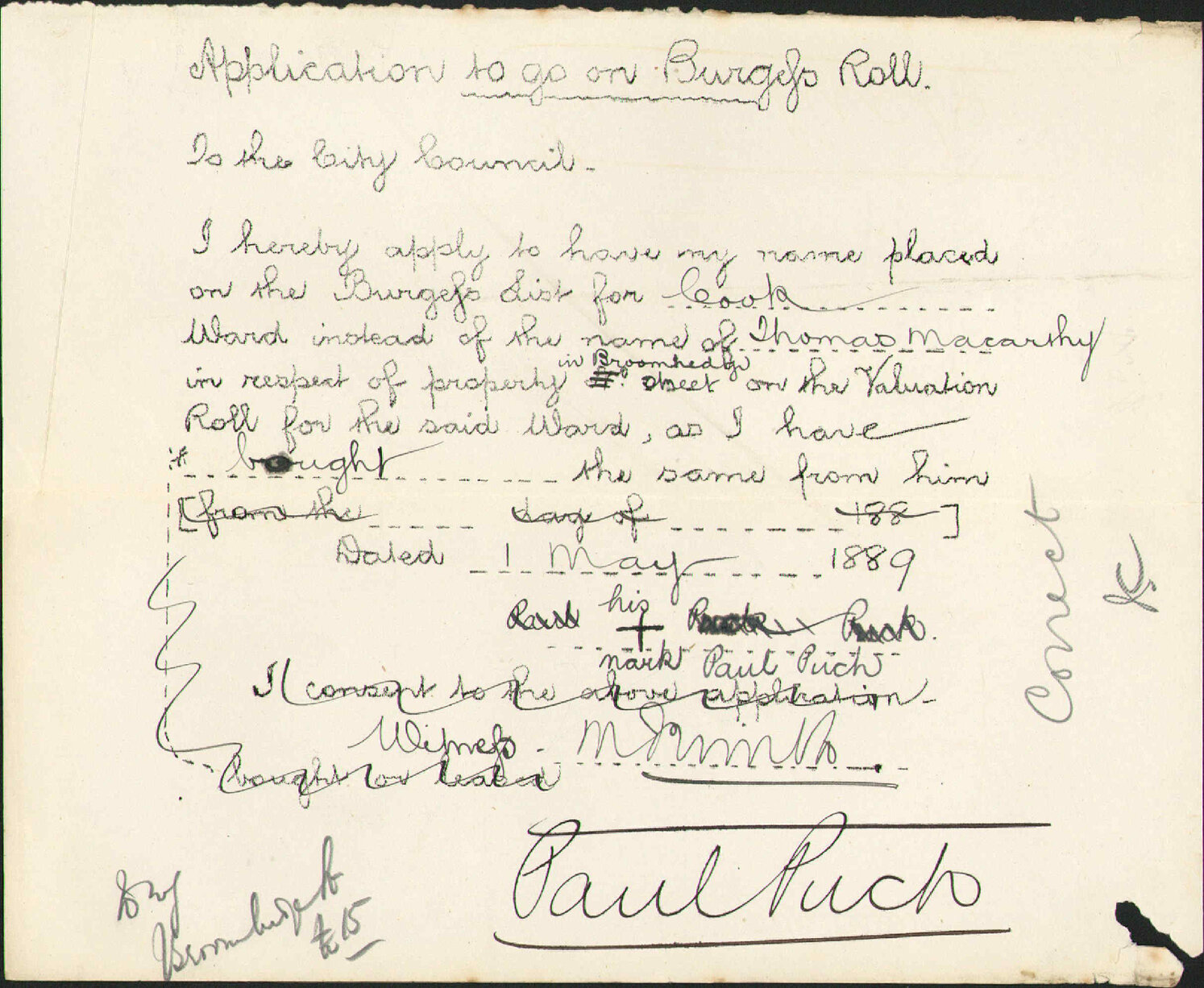 Asking to be placed on burgess roll - Paul Puch