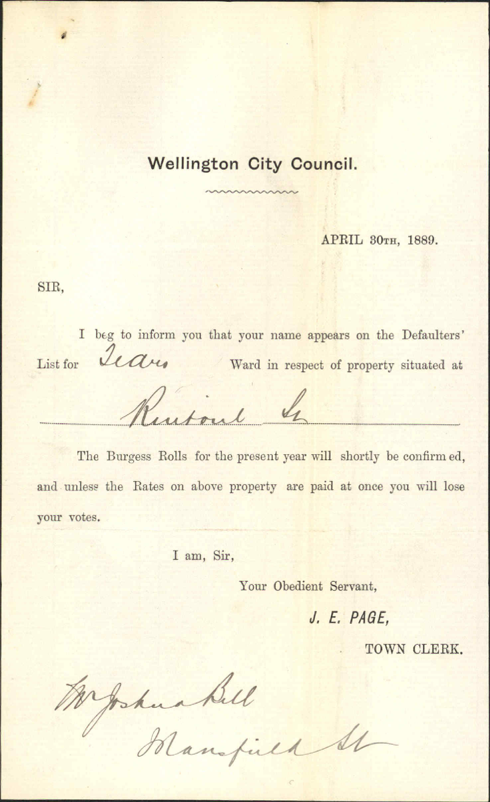 His account for rates - J Bell