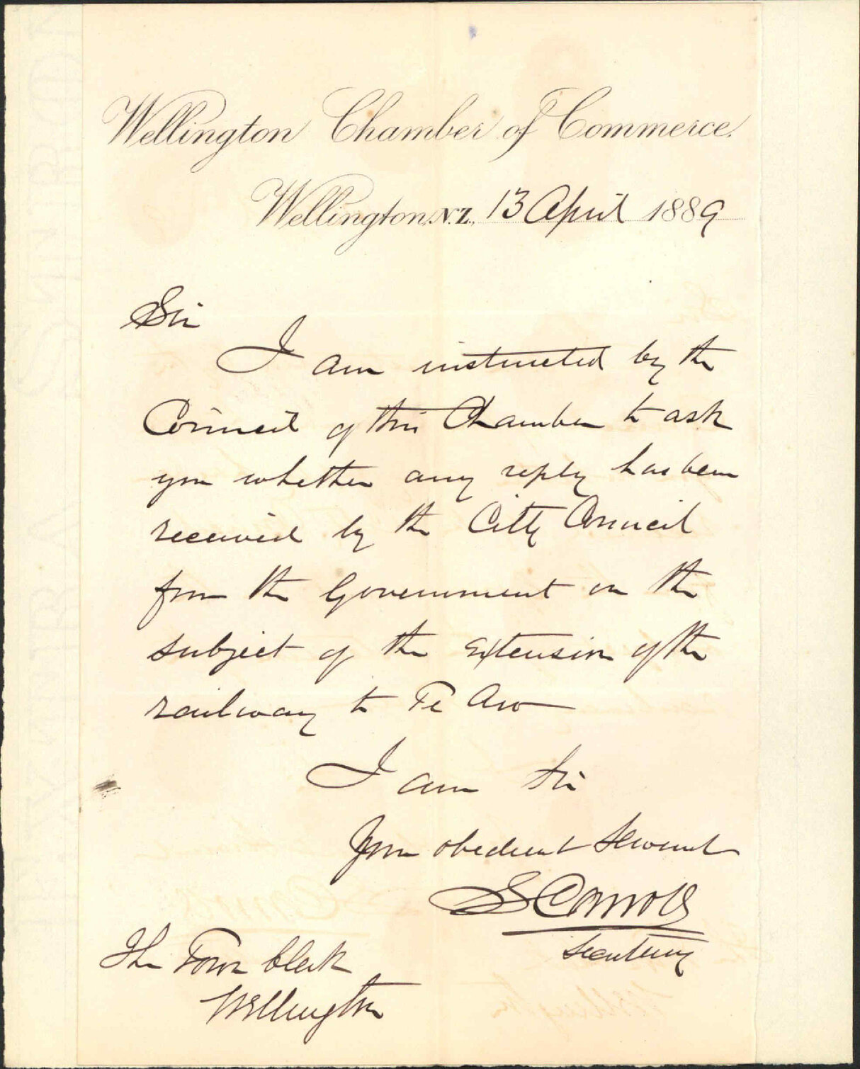 Enquiry regarding extension of railway to Te Aro - Chamber of Commerce
