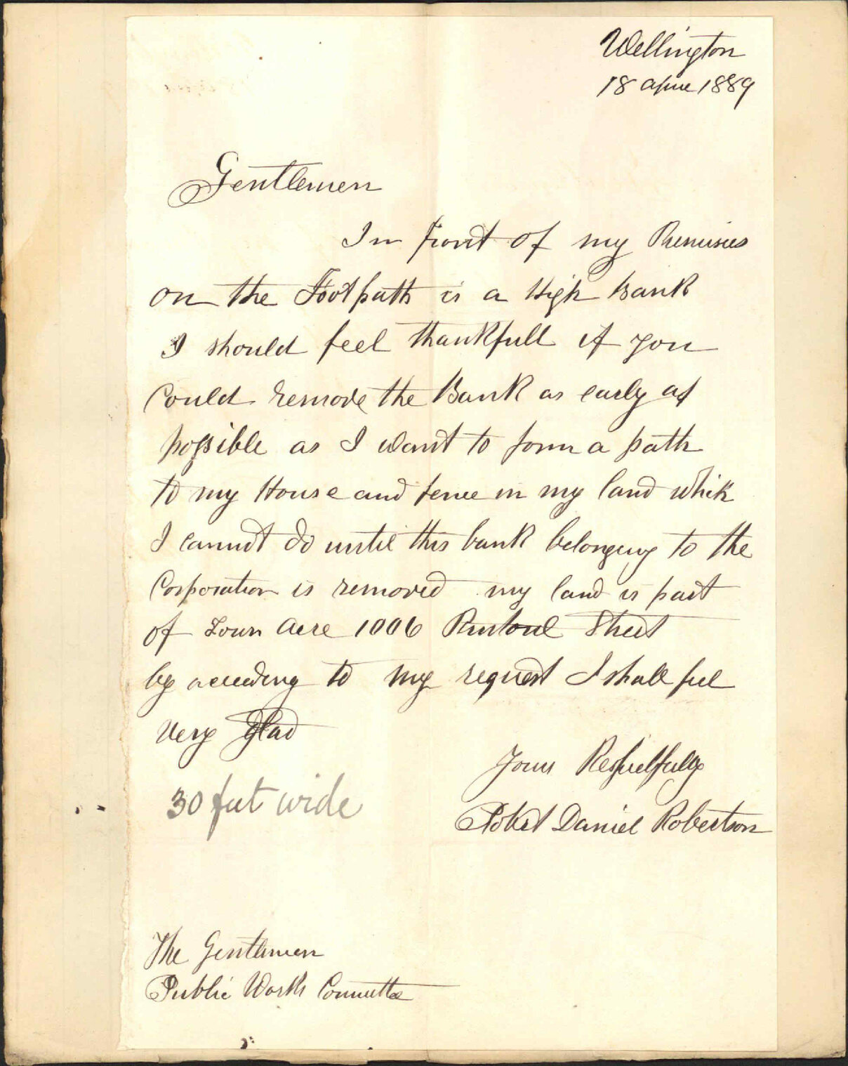 Asking for removal of earth at Rintoul Street - R D Robertson