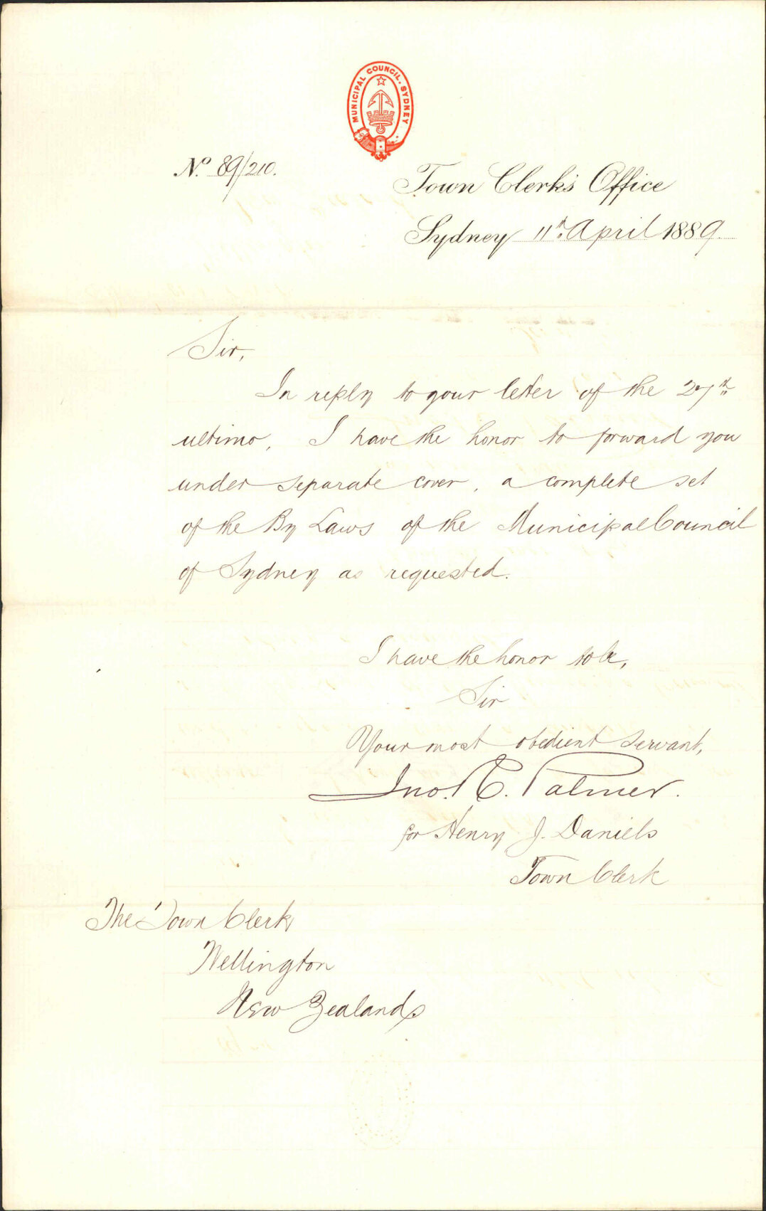 Forwarding copy of bylaws - Town Clerk Sydney