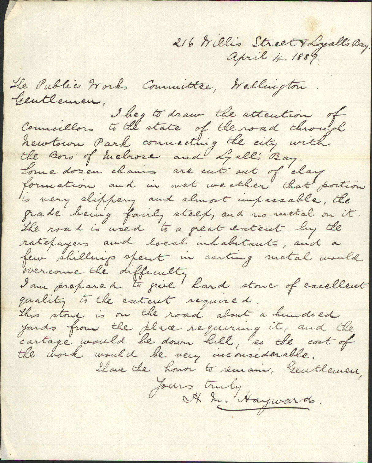 Asking for repairs to road through Newtown Park - H M Hayward