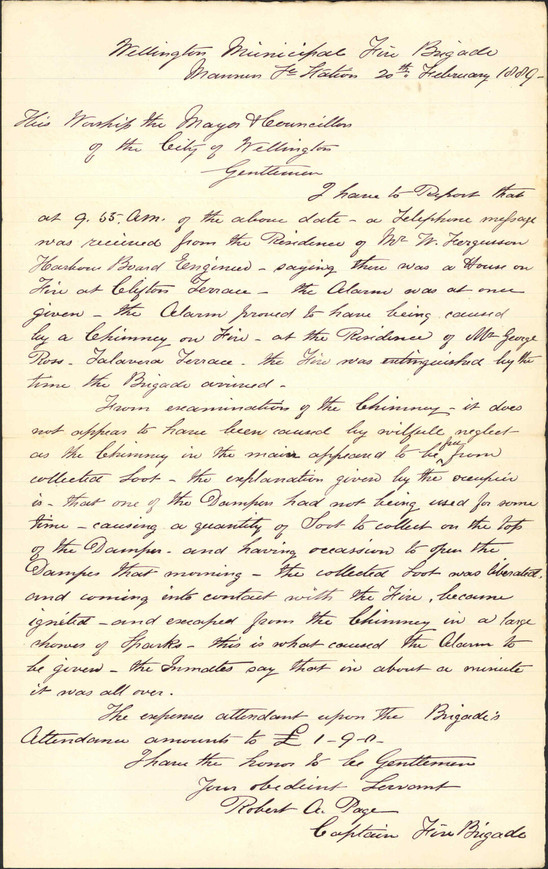 Report regarding fire in Clifton Terrace - Robert A Page (Captain, Fire Brigade)