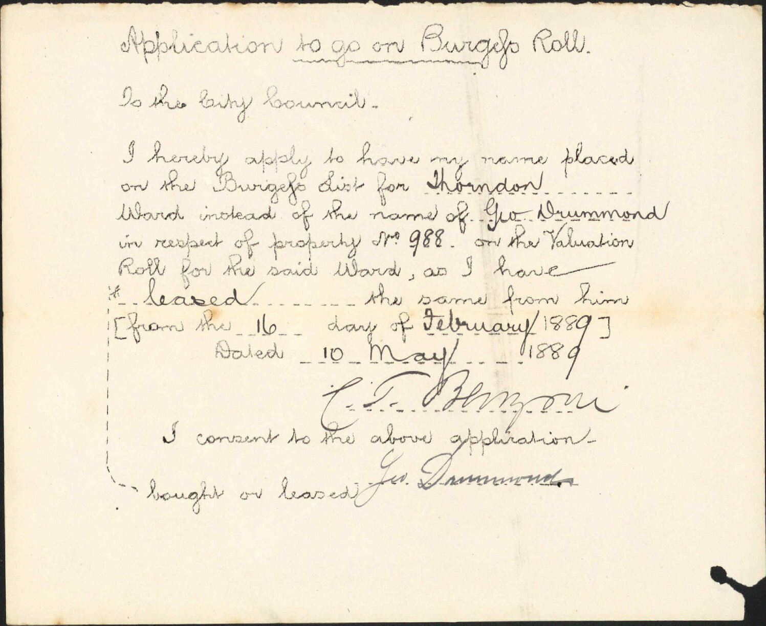 Application to be placed on burgess roll - C T Bengoni