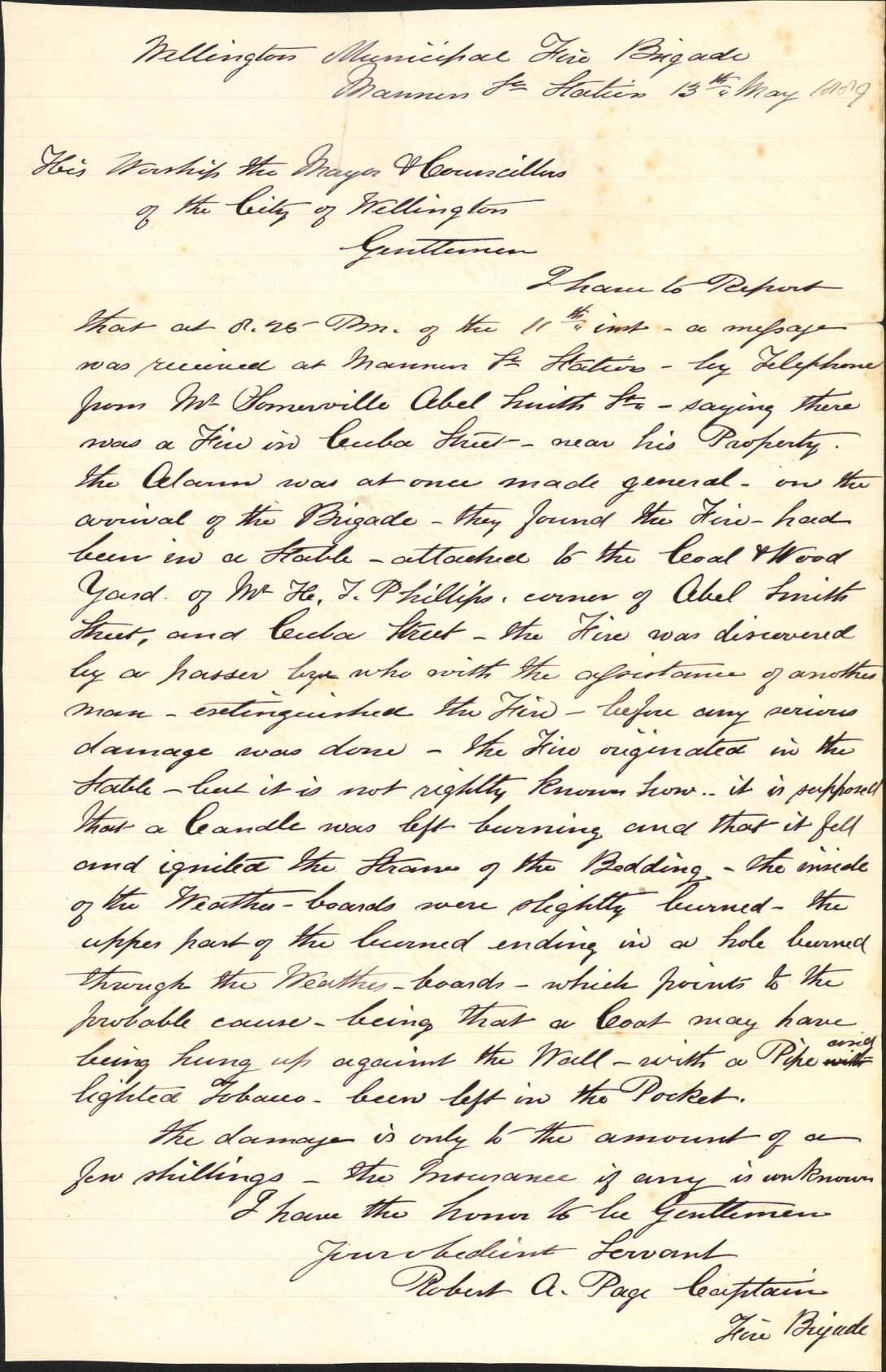 Report regarding fire in Cuba Street - Robert A Page (Captain, Fire Brigade)