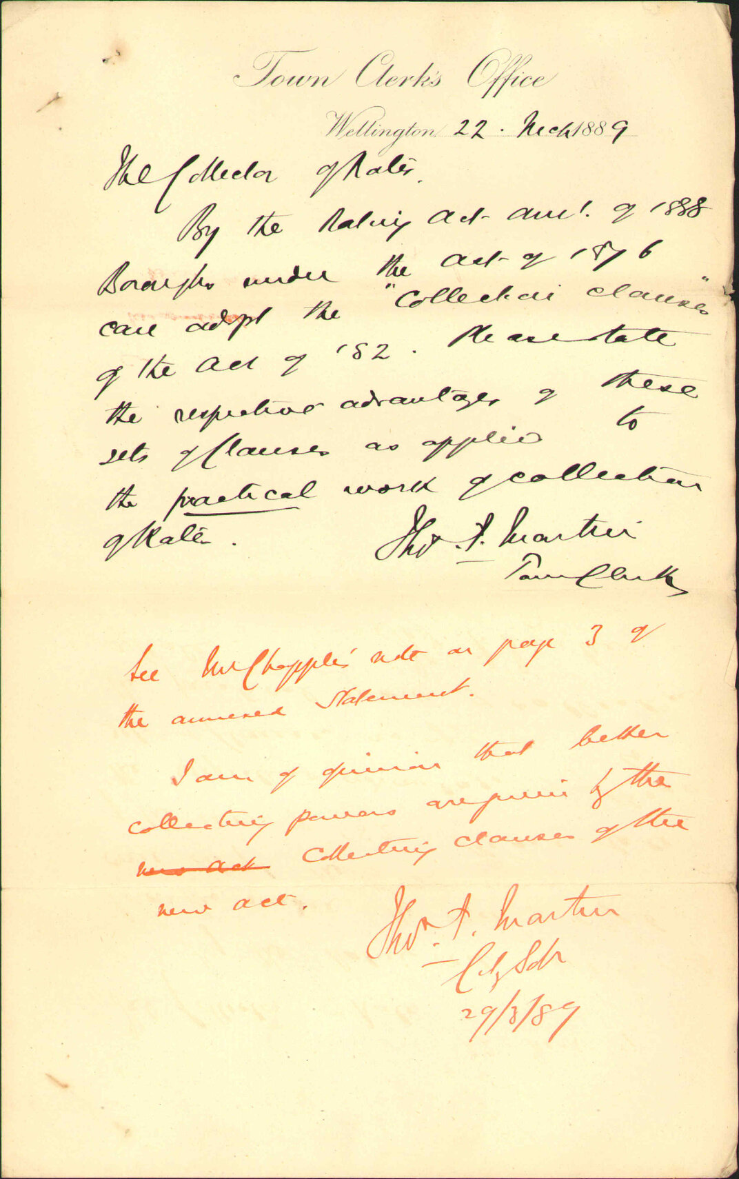 Adoption of collection clauses of rating act of 1882 - Collector of Rates
