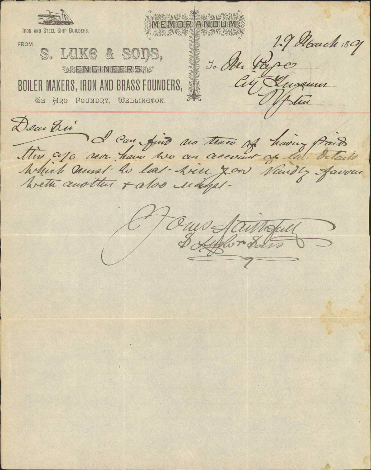 Account for water pipes - S Luke and Sons, Engineers