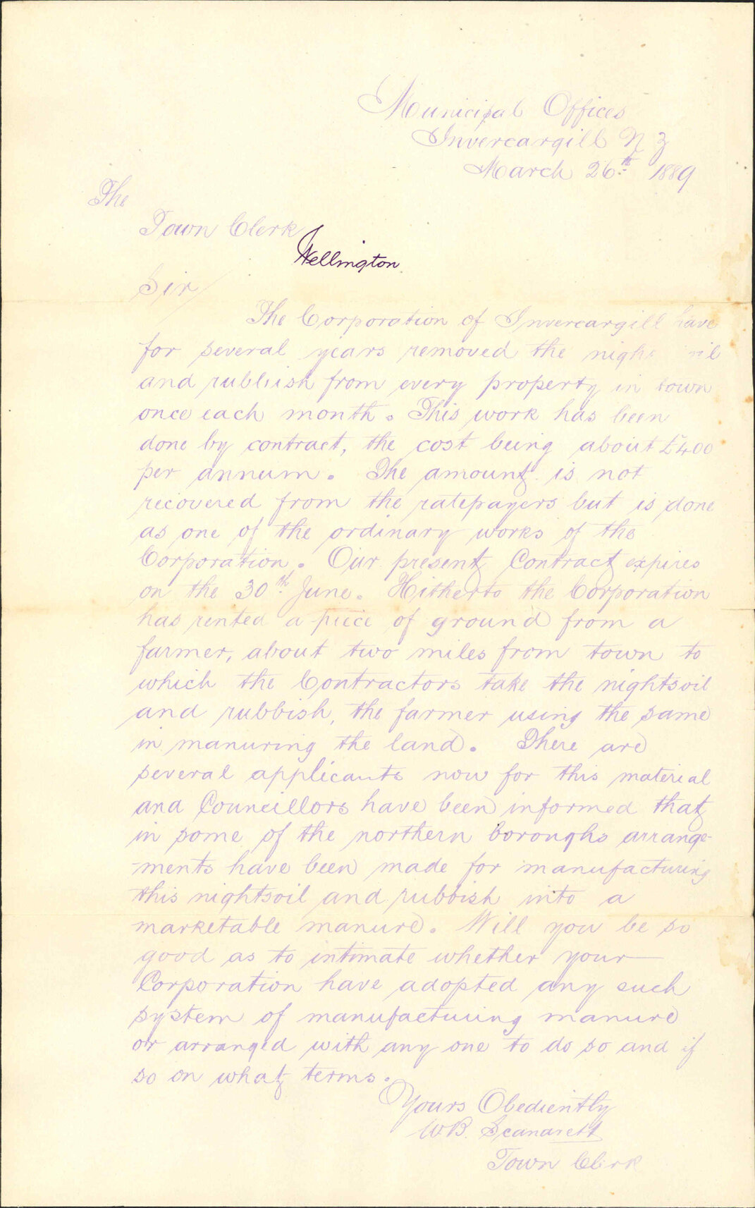 Enquiry regarding night soil - Town Clerk Invercargill