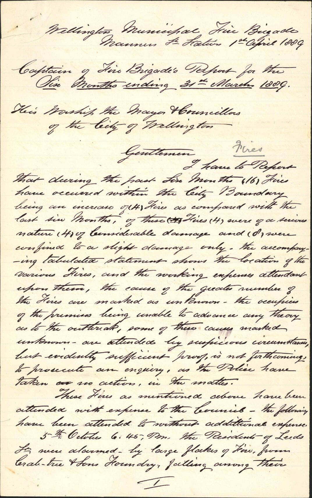 Report for the six months ending 31st March 1889 - Robert A Page (Captain, Fire Brigade)